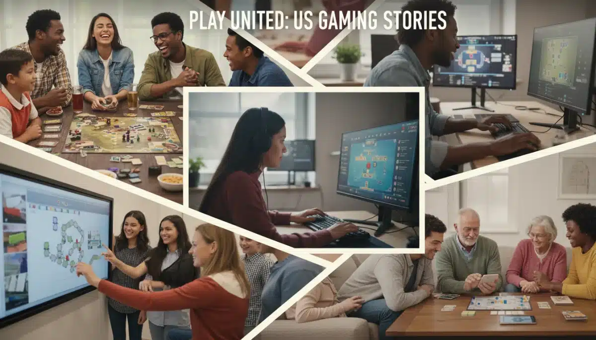Diverse US gamers interacting with physical and digital board games