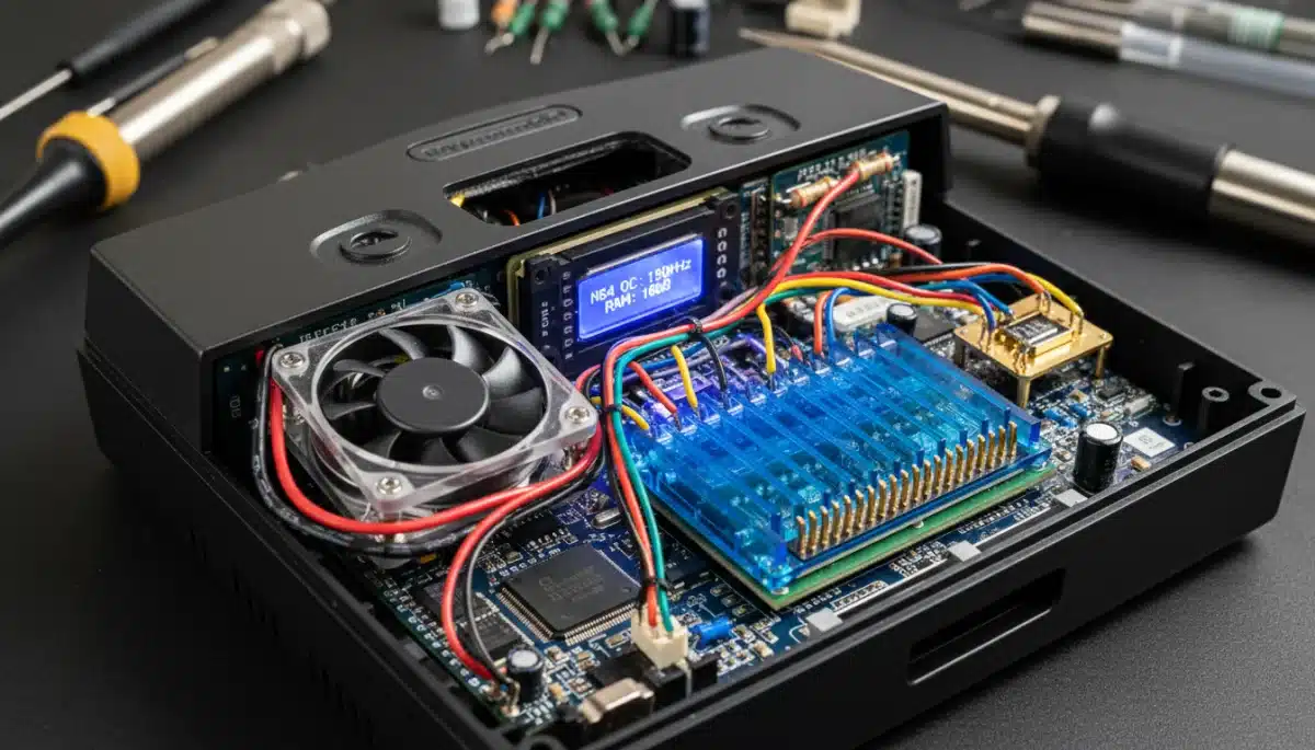 Internal components of a Nintendo 64 showing RAM upgrade, cooling fan, and overclocking modifications.