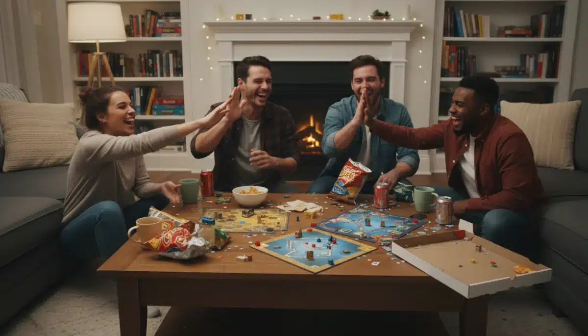 Friends celebrating and high-fiving after a fun board game session, depicting camaraderie and shared success in a relaxed home environment.