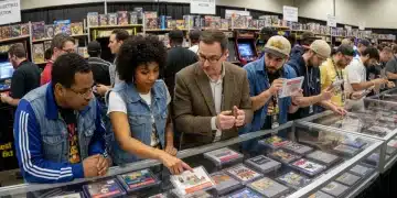 The Financial Impact of Grading Retro Games: 2026 Analysis Collectors discussing graded retro games at an industry event, highlighting market interest.