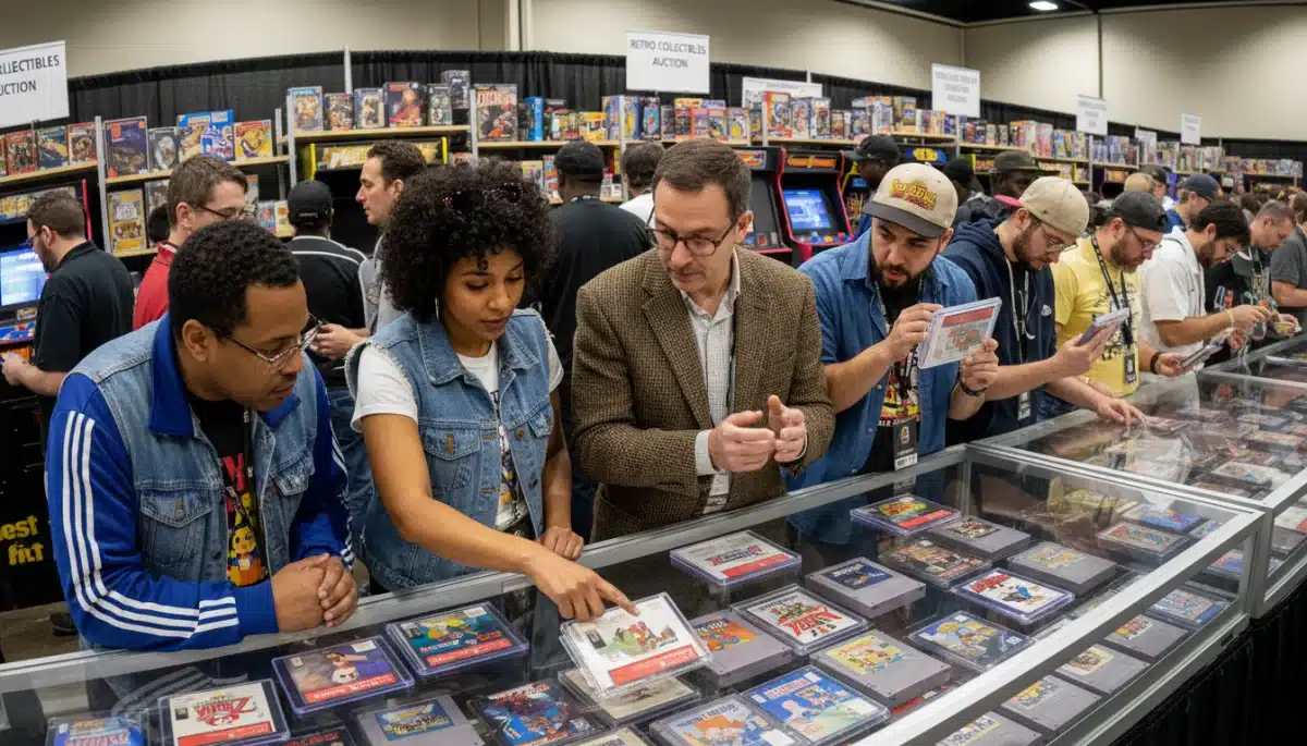 Collectors discussing graded retro games at an industry event, highlighting market interest.