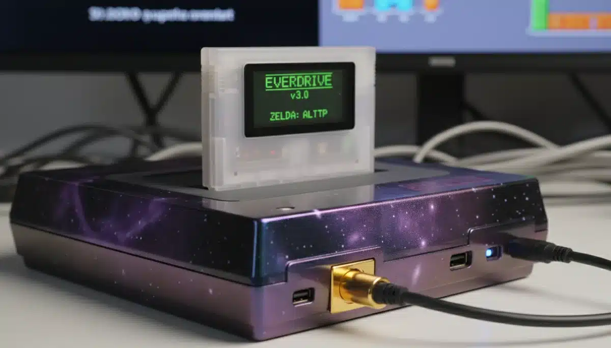 SNES console with visible HDMI output mod and custom casing, representing a modern performance upgrade.