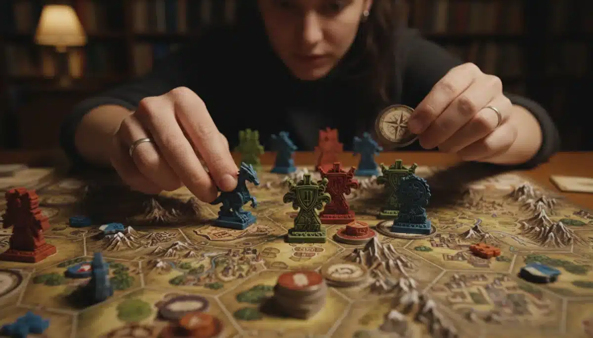 Hands moving game pieces on a detailed board, illustrating strategic gameplay and focused player interaction during a board game session.