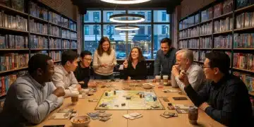 Diverse US gamers engrossed in a complex board game, demonstrating collaborative play and strategic thinking in a modern cafe setting.
