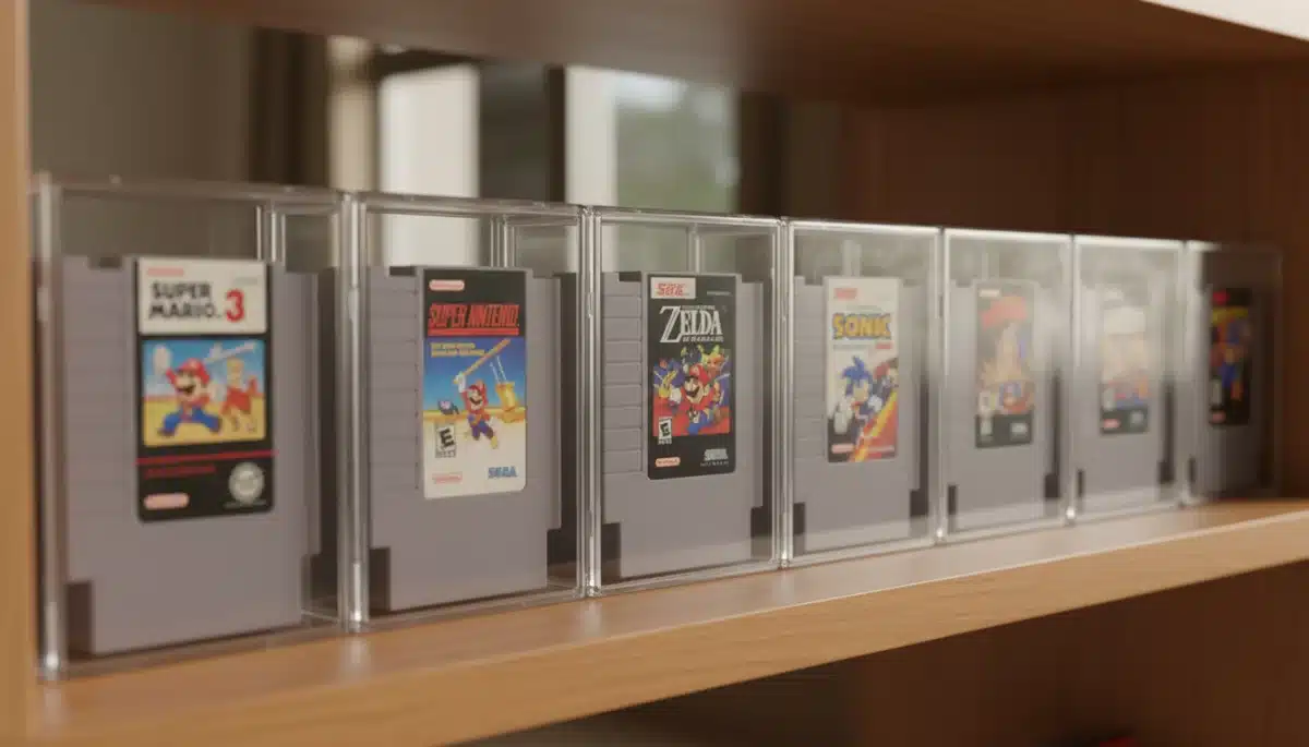 Vintage game cartridges in clear protective cases, emphasizing physical preservation.