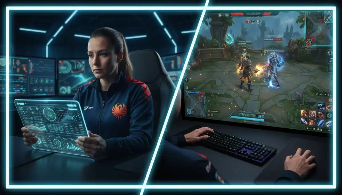 Esports coach analyzing data and player executing in-game strategy
