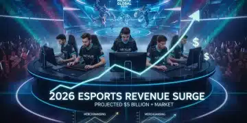 Esports players competing on stage with revenue growth charts