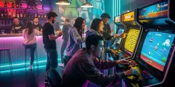 Young adults playing classic arcade games in a vibrant 2026 arcade setting, neon lights.