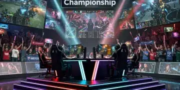 Esports athletes competing intensely at a brightly lit 2026 National E-Sports Championship event.