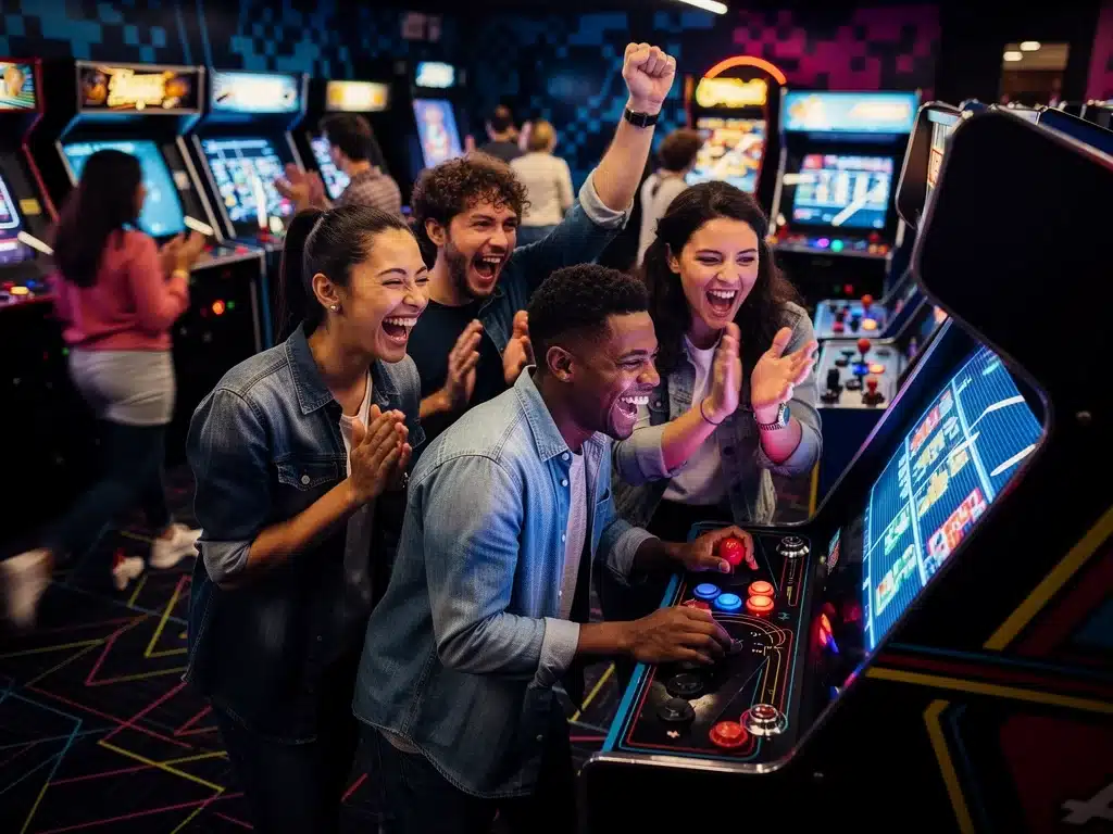 Friends enjoying a retro arcade game, laughing and cheering, social gaming.