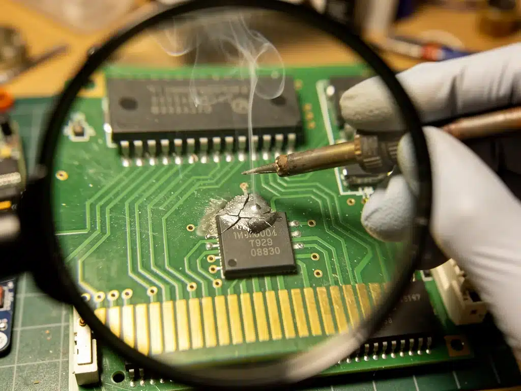 Soldering a loose connection on a vintage game cartridge circuit board