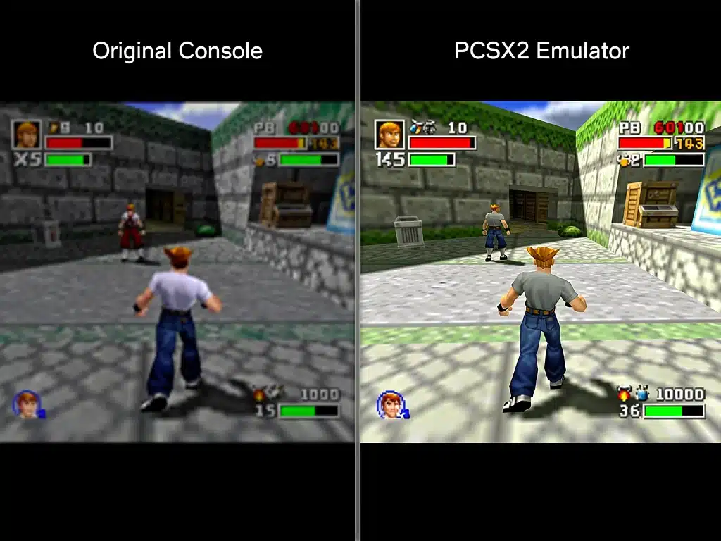 Comparison of PS1 game graphics on original console versus PCSX2 emulator.