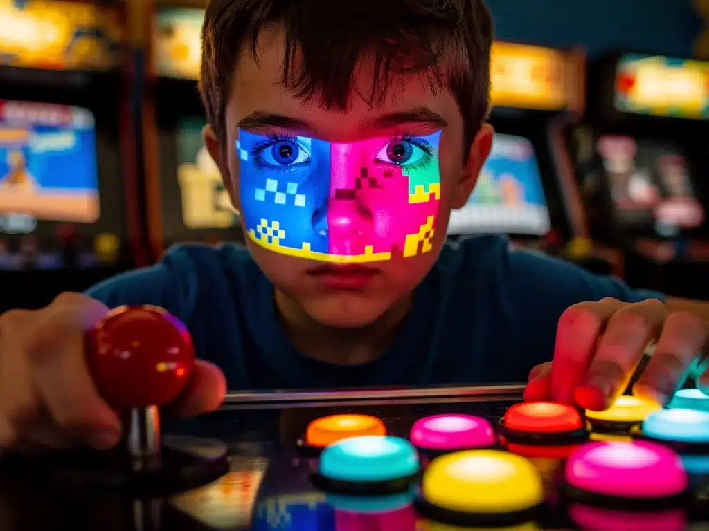 Young player focused on a classic arcade game joystick and buttons, 8-bit screen reflection.