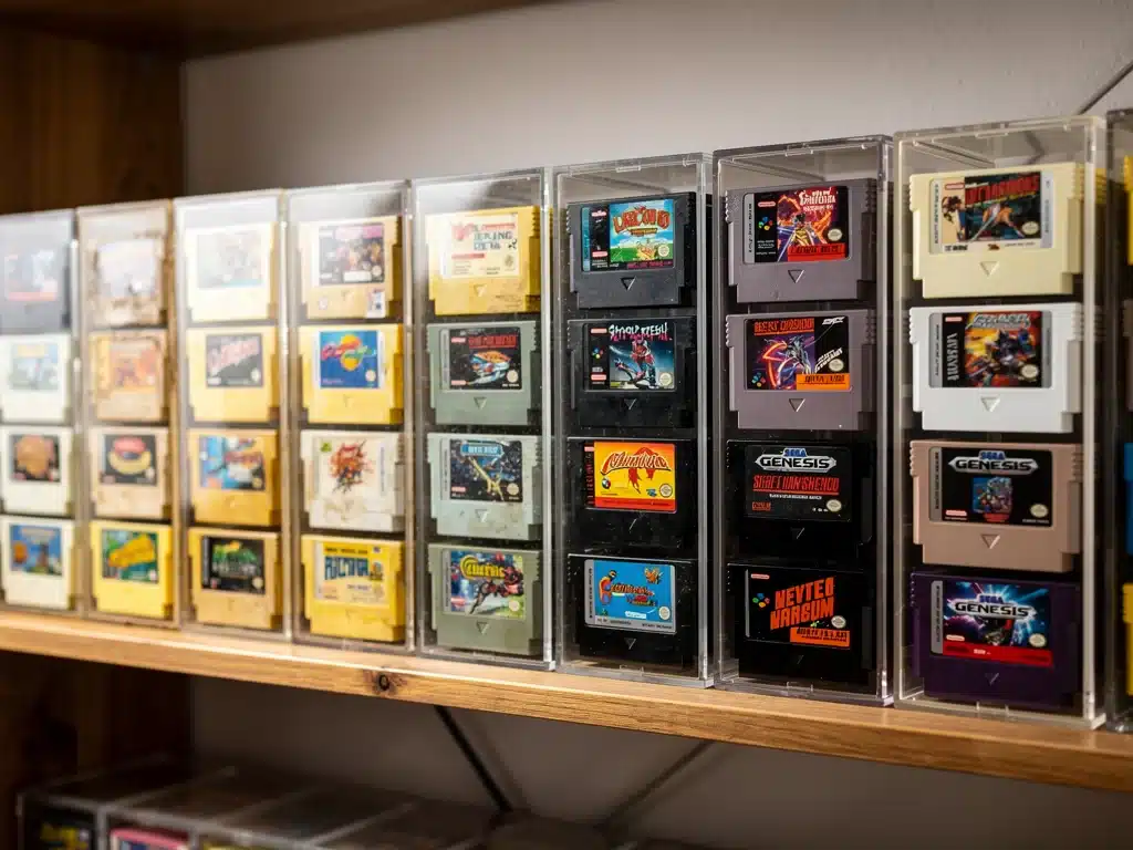 Collection of vintage game cartridges in protective cases