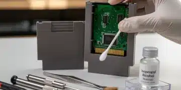 Restoring vintage NES game cartridge with cleaning tools