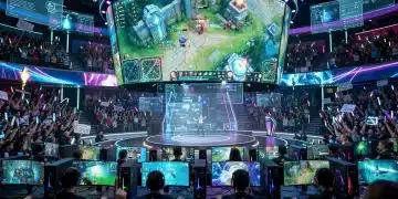 Esports arena with professional gamers competing, showcasing the intense atmosphere of competitive gaming in 2026.