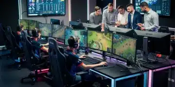 Esports athletes training intensely in a high-tech academy, focusing on game screens.
