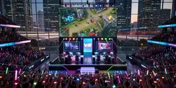 Esports arena packed with fans, city skyline at dusk, symbolizing economic impact