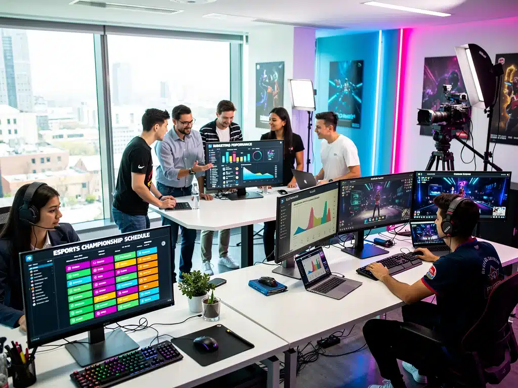 Esports professionals collaborating in a modern office, representing job creation