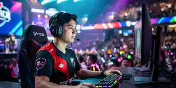 Professional esports player competing in a major US tournament, focused and determined.