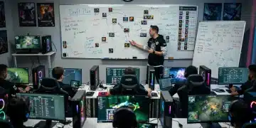 Esports academy students engaged in a strategic discussion with their coach.