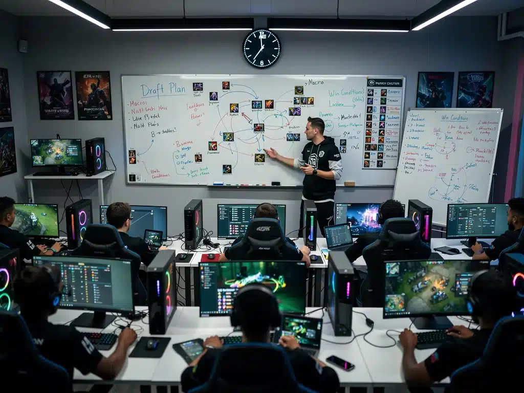 Esports academy students engaged in a strategic discussion with their coach.