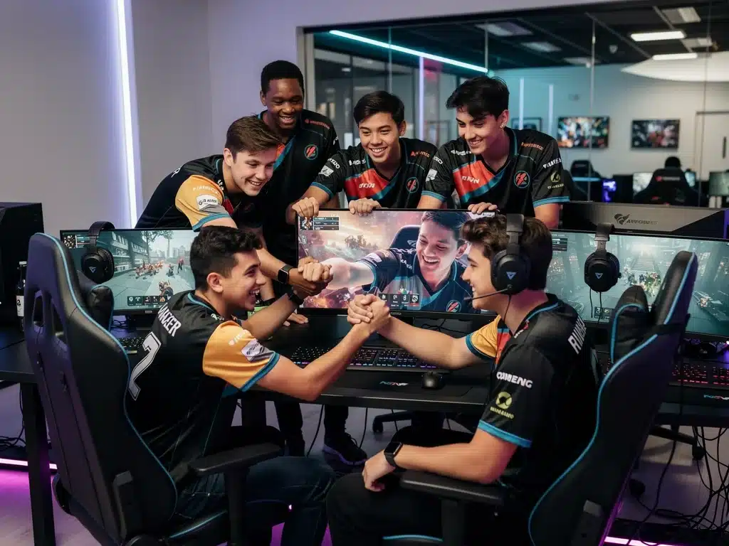 Diverse esports team strategizing and celebrating in a gaming lounge