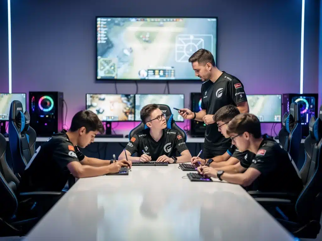 Esports team receiving coaching in a professional training facility.