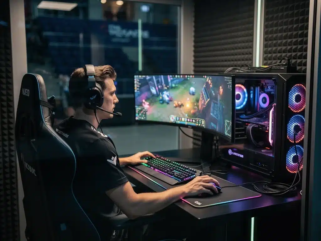 Professional esports player practicing in a soundproof gaming booth.
